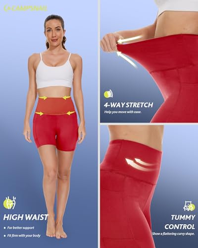 CAMPSNAIL Women's Biker Shorts with Pockets - 3/5/8 Inch Workout Yoga Gym Shorts, Large-X-Large, Red