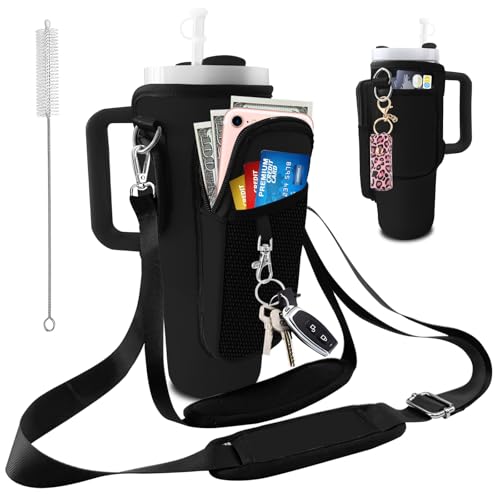 Black Stanley 30oz/40oz Tumbler Carrier Bag with Phone & Pockets, Adjustable Strap