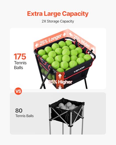 VEVOR 175 Balls Tennis & Pickleball Hopper Cart - Foldable Ball Pickup Basket, Portable Storage for Tennis Training & Sports