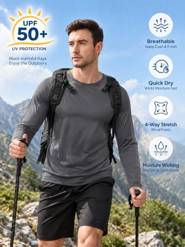 Men's Long Sleeve UV Shirt UPF 50+ Moisture Wicking Running Hiking Fishing - Large/Blue/Light Gray/Dark Blue/Black/Dark Gray