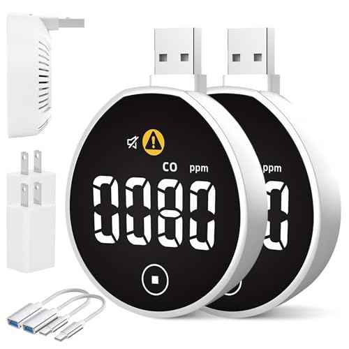USB Carbon Monoxide Detector with Touch Screen, Plug-in/USB-A/USB-C Powered Carbon Monoxide Monitor Alarm, Portable CO Detector Easy to Read & Use, for Home/Hotel/Travel/Office/RV (2-Pack)