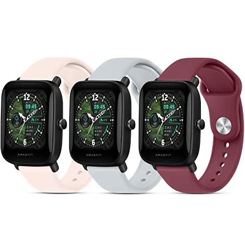 Soft Silicone Bands for Amazfit Bip 3 Pro & GTR - 3 Pack (Wine Red, Sand Pink, Grey)