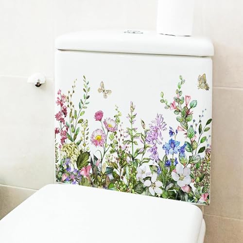 Green Plant Leaves Flowers Toilet Stickers -DIY Removable Waterproof Sticker -Green Leaf Floral Toilet Lid Decals Bathroom Cistern Decor -Sticker for Cistern Decor