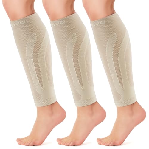 CAMBIVO Beige Calf Compression Sleeves 3 Pairs - Medium-Small, 15-20mmHg Support