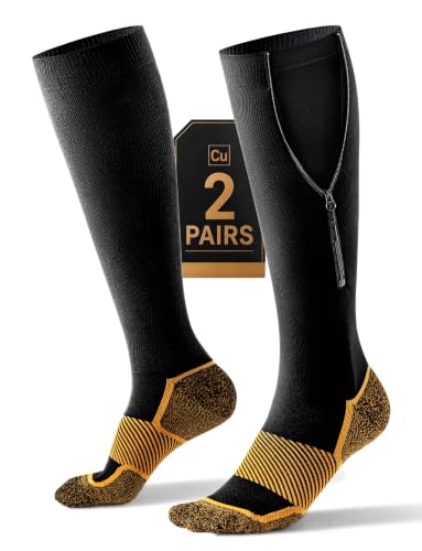 Large 2 Pairs Copper Compression Socks 20-30 mmHg Zipper Support for Circulation & Swelling