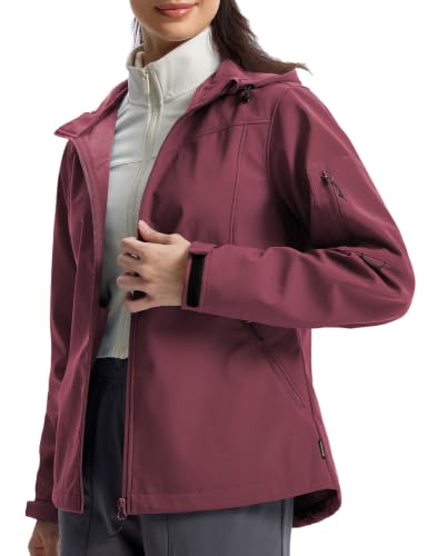 Baleaf Women's Softshell Jacket Fleece Lined Water-Resistant Hooded Coat - Large, Wine Red