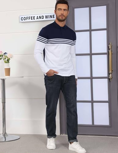 Men's Striped Color Block Long Sleeve Polo Golf Shirt