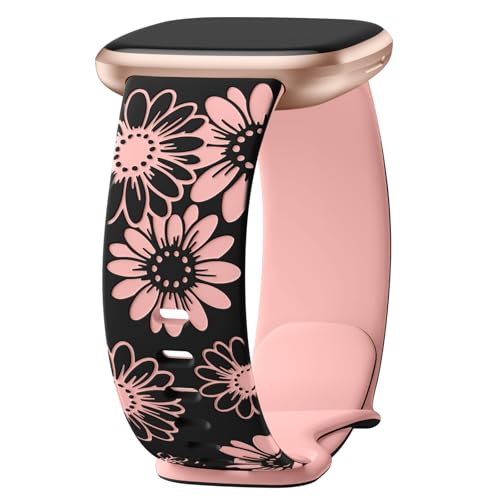 Sunflower Engraved Watch Band for Fitbit Sense/Sense 2/Versa 3/4 - Black/Pink