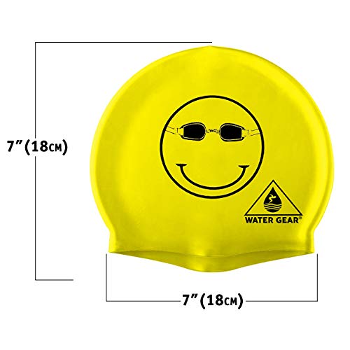 Latex Swim Cap for Long Hair - Waterproof Swimming Cap - Happy Face Black/Yellow