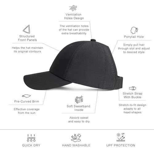 FEINION Women Black Ponytail Messy Bun Hat Baseball Cap for Women