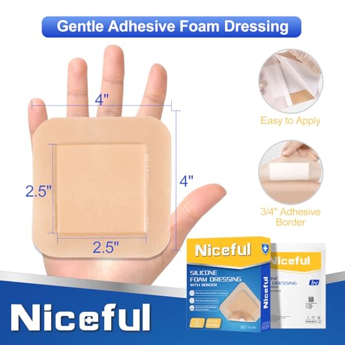 Waterproof Silicone Foam Dressings 4"x4" with Adhesive Border - 5 Pack