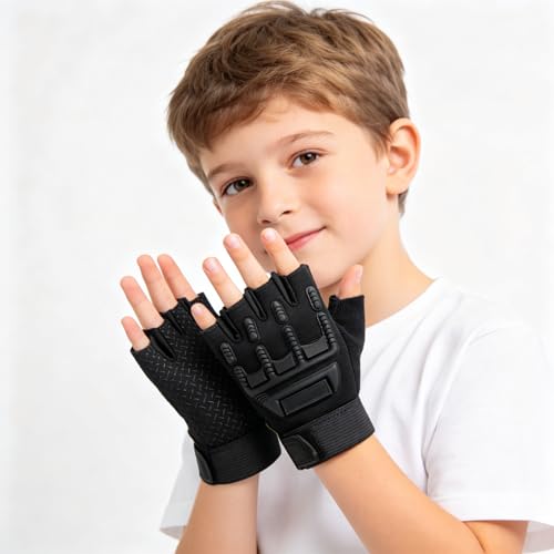 Kids Half Finger Cycling Gloves - Breathable Non-Slip UV Protection - Camouflage Black