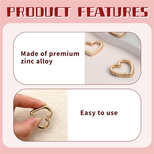 Heart-Shaped Carabiner Keychain Clips - 10 Pack Gold Metal Hooks