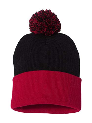 12" Knit Beanie with Pom-Pom - Black/Red