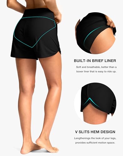 G Gradual Women's 4'' High Waist Swim Shorts with Pockets - Large Black