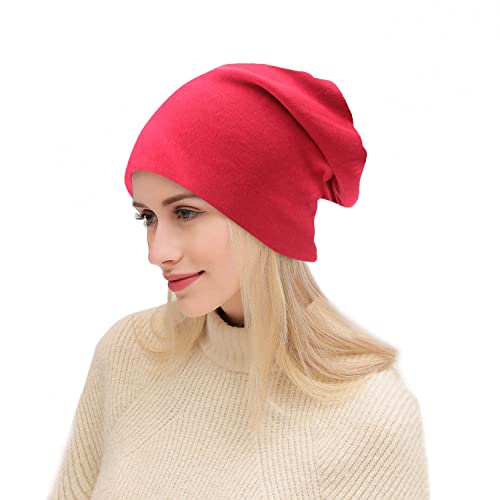 Unisex Baggy Cotton Beanie Hat - Lightweight Slouchy Cap - Red