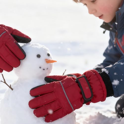 Kids Winter Ski Gloves - Warm Windproof for 5-10T - Curved Red