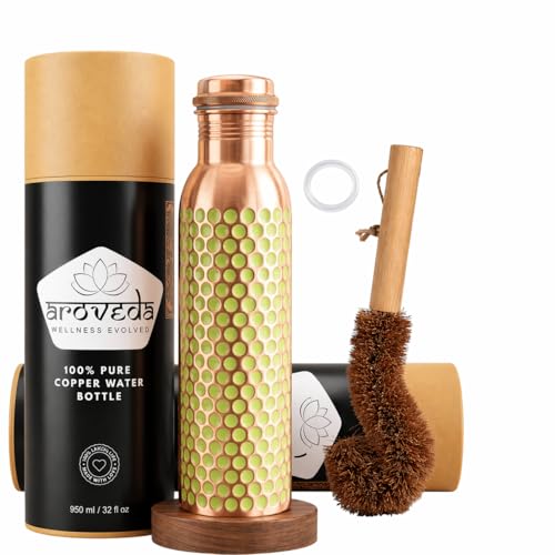 Pure Copper Water Bottle 32 oz with Leak-Proof Cap & Cleaning Brush - Handmade Hammered Design