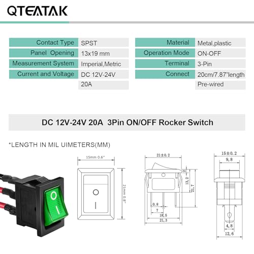 5 Pack Pre-Wired On/Off Green LED Boat Rocker Switch - 12V-24V 20A
