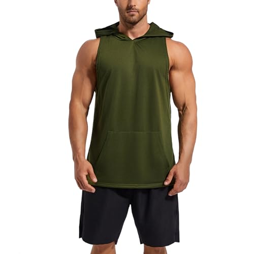 Men's Sleeveless Muscle Tank Top - Workout, Dry-Fit, Pocket - Small Green