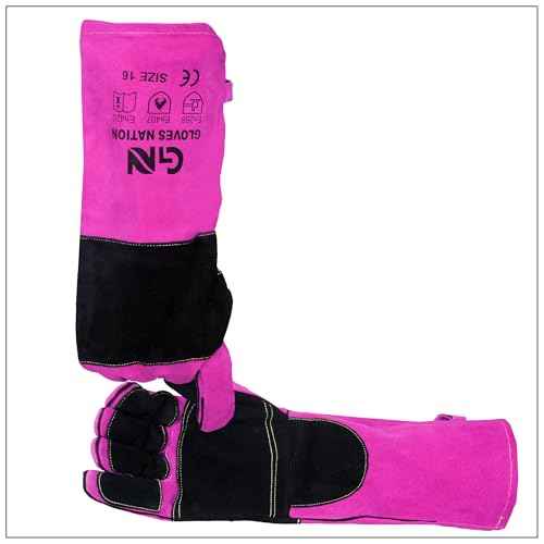 Nation Ladies BBQ/Welding Leather Gloves, Fire Resistant, MIG/TIG Welding, 16 Inch Long Sleeves, Pink/Black