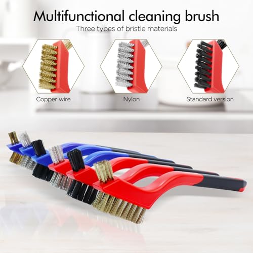 Wire Brush Set for Cleaning Rust, 7 Inch Stainless Steel/ Brass/ Nylon Brush for Cleaning Welding Slag, Paint and Dirt Removal (3 Pcs Red + 3 Pcs Blue, 7 Inch)