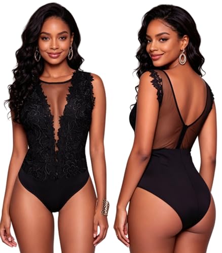 RARITYUS Black Lace Bodysuit Jumpsuit See-Through Mesh Top & Backless Variant Large