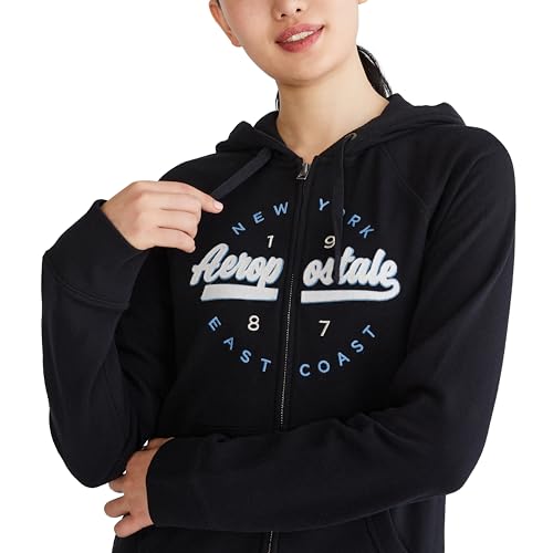 AEROPOSTALE Women's Logo Full Zip Hoodie - Circle/Scripts, Small, Dark Black