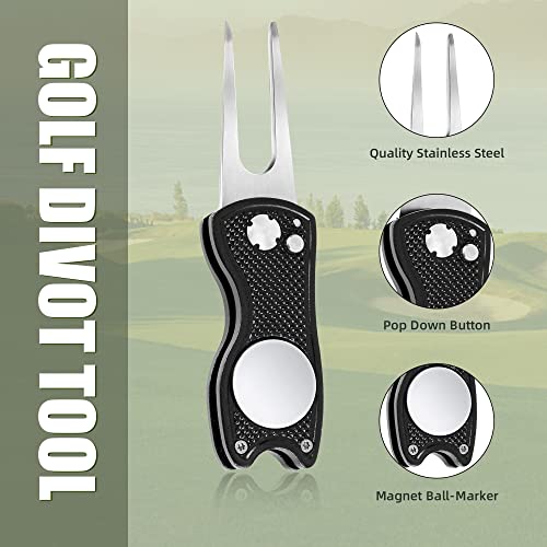 Golf Divot Repair Tool - Foldable Metal with Magnetic Marker - Black Fish