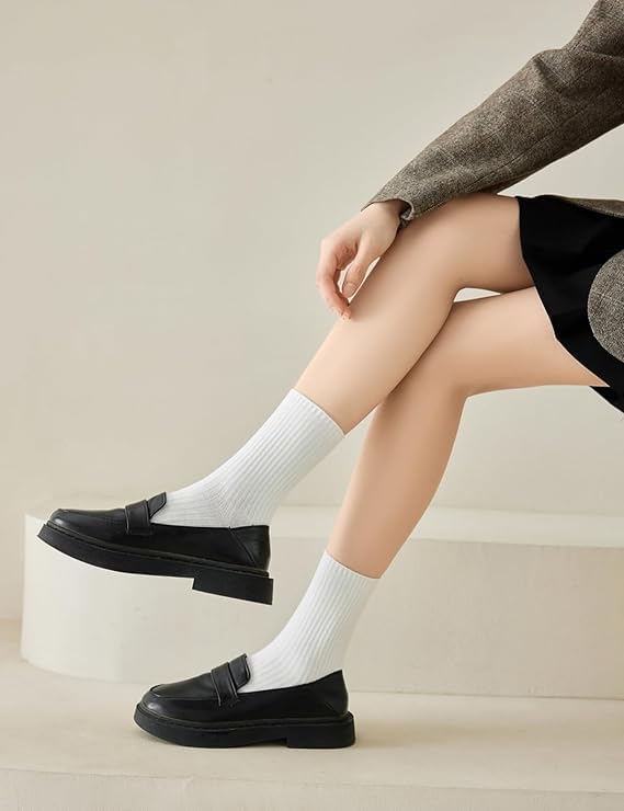 Womens Crew Socks - Lightweight Cotton Aesthetic Long Socks - White
