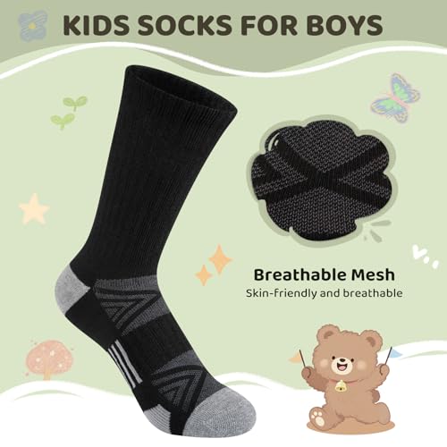 Comfoex Kids' Athletic Crew Socks 10 Pairs for Boys 4-10 Years, Black, Cushioned Sole