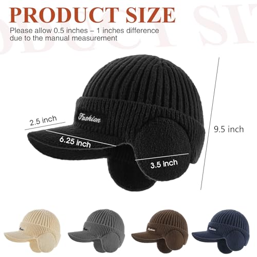 Winter Beanie Hat with Brim & Ear Flaps - Fleece Lined Black