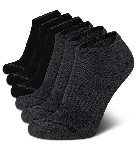 Reebok Mens Low Cut Socks 6 Pack Moisture-Wicking Cushioned Athletic Socks, Grey/Black 6-12.5