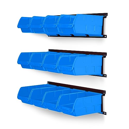 Ultrawall Wall Mounted Storage Bins, Plastic Hanging Storage Organizer Bins, Garage Tool Storage System for Screws, Nuts, Bolts, Nails, and Small Hardware Parts, 12x bins & 3 x rails, Blue