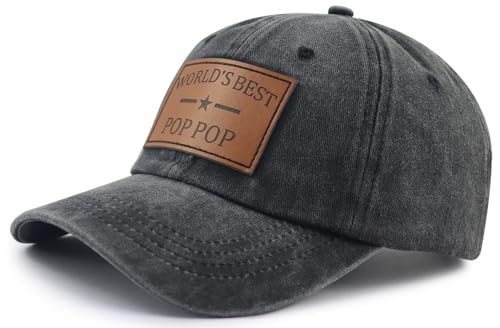 World's Best Pop Pop Hat - Leather Patch Baseball Cap - Black