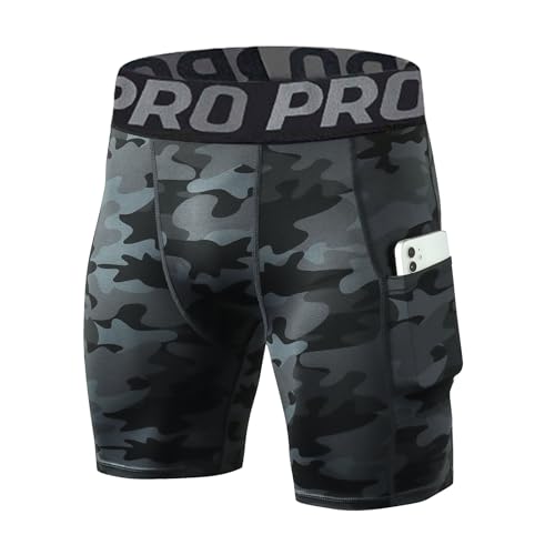 LANBAOSI Men's Camo Black Compression Shorts with Phone Pocket - Gym & Running Tights, Summer Cool Dry Baselayer (Medium)