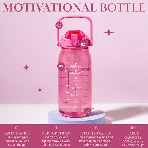 Motivational Water Bottle with Straw & Flip-Top Lid - 50 Ounce, Pink