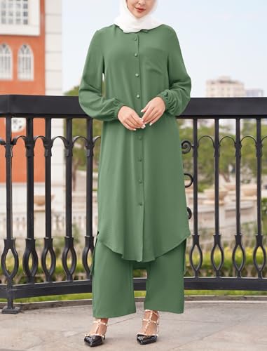 ODIZLI Women's Muslim 2-Piece Abaya Set Sage Green 3XL Long Sleeve Shirt & Pants