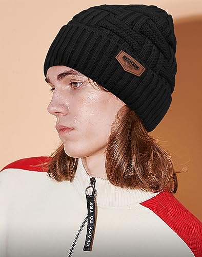 Loritta Thick Warm Slouchy Beanie Skull Caps for Men - One Size Black with Weave, 1 Pack