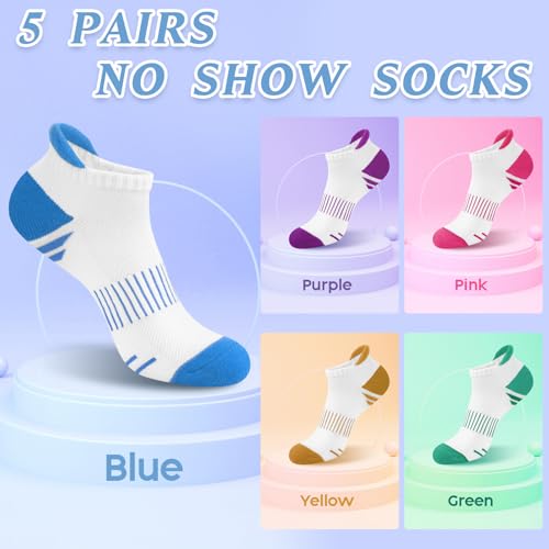 Breathable Ankle Socks for Women - 5 Pairs, Blue, White, Purple, Pink, Yellow, Green