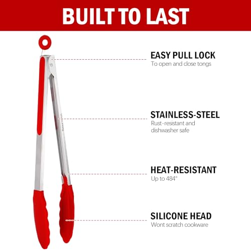 Heat-Resistant Silicone Kitchen Tongs - 9 & 12 Inch Red Set