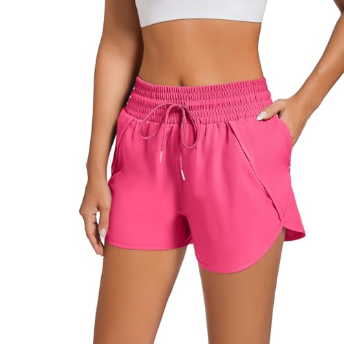 High Waisted Running Shorts for Women - Quick Dry, Liner, Zipper Pocket, X-Small/Rose Red