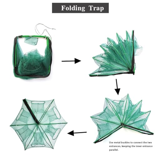 Green Foldable Fishing Trap with 4 Entrance for Minnow, Crab, Shrimp - 27.6 x 10.2 in