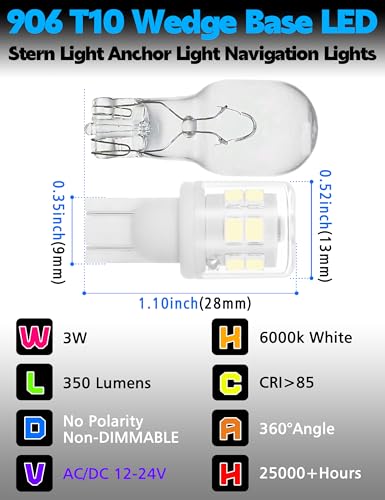 906 T10 Wedge Marine LED Bulb White 6000K Navigation Light, 2-Pack
