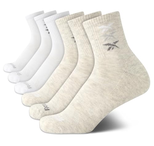 Reebok Women's High Quarter Socks 6-Pack Moisture Wicking Cushioned Crew Oatmeal/White