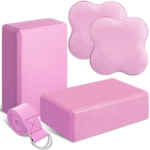 Yoga Block and Knee Pad Set with Strap - 5 Pcs - Pink