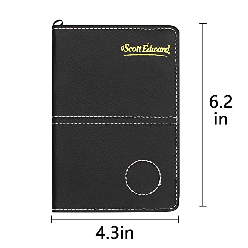 Golf Scorecard Holder - Black Waterproof Leather Cover with Straps