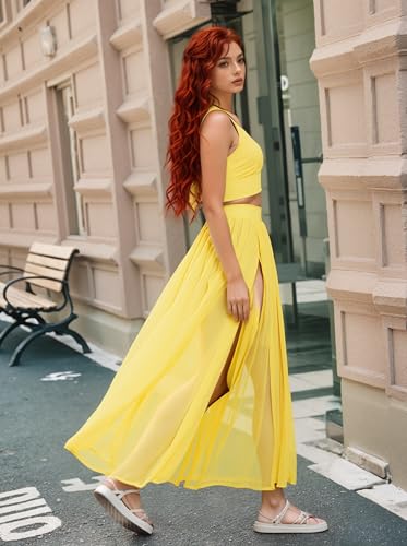Women Yellow Medium 2-Piece Chiffon Dress & Skirt Set - Deep V Crop Top & High Split Maxi
