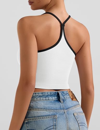 OLCHEE Women's 3-Pack Seamless Ribbed Crop Tank Tops with Contrast Trim - Black, White, Light Pink - Workout Yoga Cami