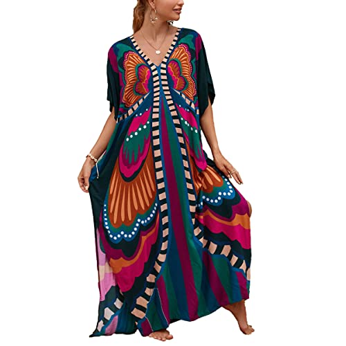 Sunforyou Women's Butterfly One Size V-Neck Batwing Sleeve Kaftan Dress Beach Cover Up